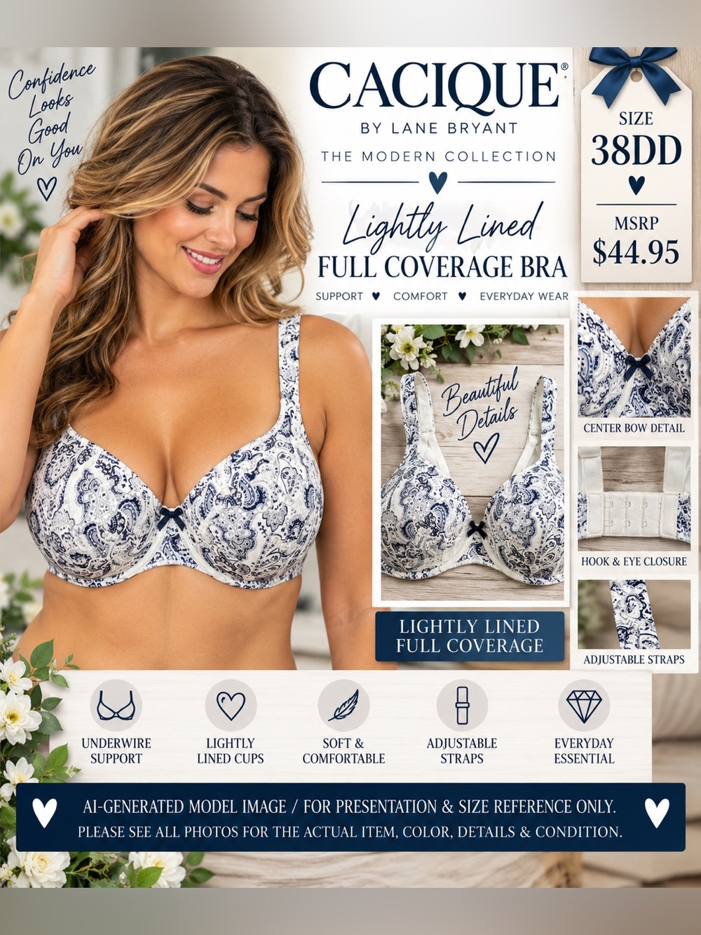 Cacique Blue Paisley Lightly Lined Full Coverage Bra 38DD